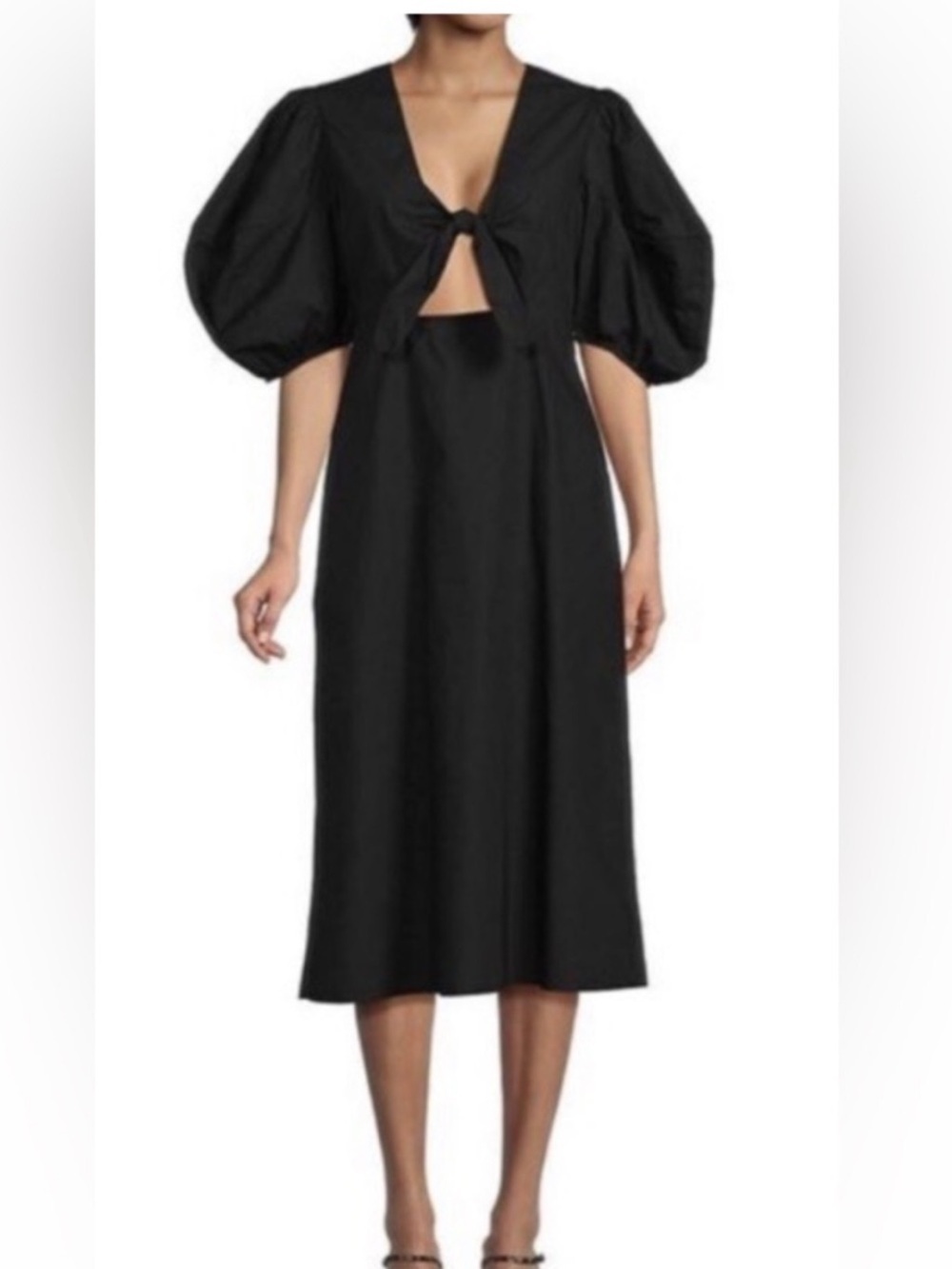 Wayf Puff Sleeve Dress with Front Tie and Cut Out